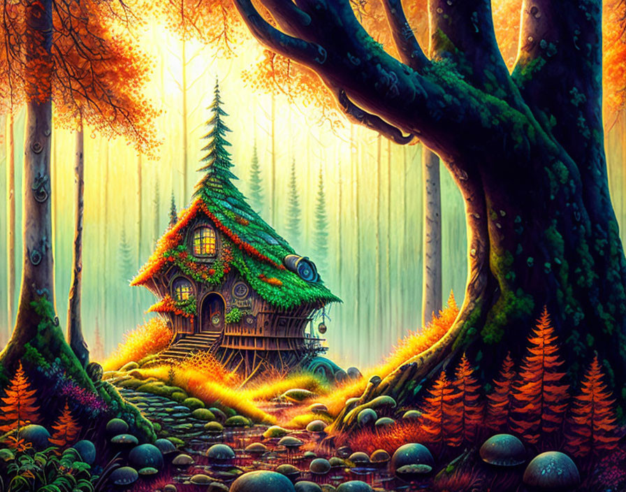 Enchanted autumn forest with fairytale cottage illustration