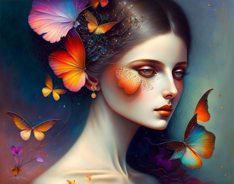 Colorful painting of woman surrounded by butterflies with intricate details