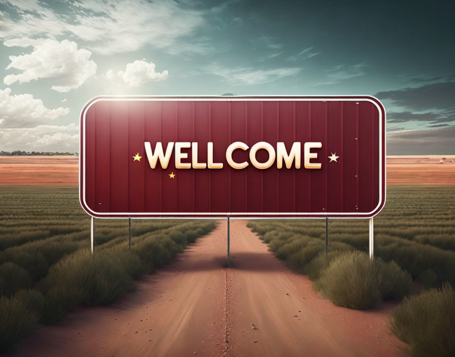 Red illuminated "WELCOME" sign on deserted dirt road