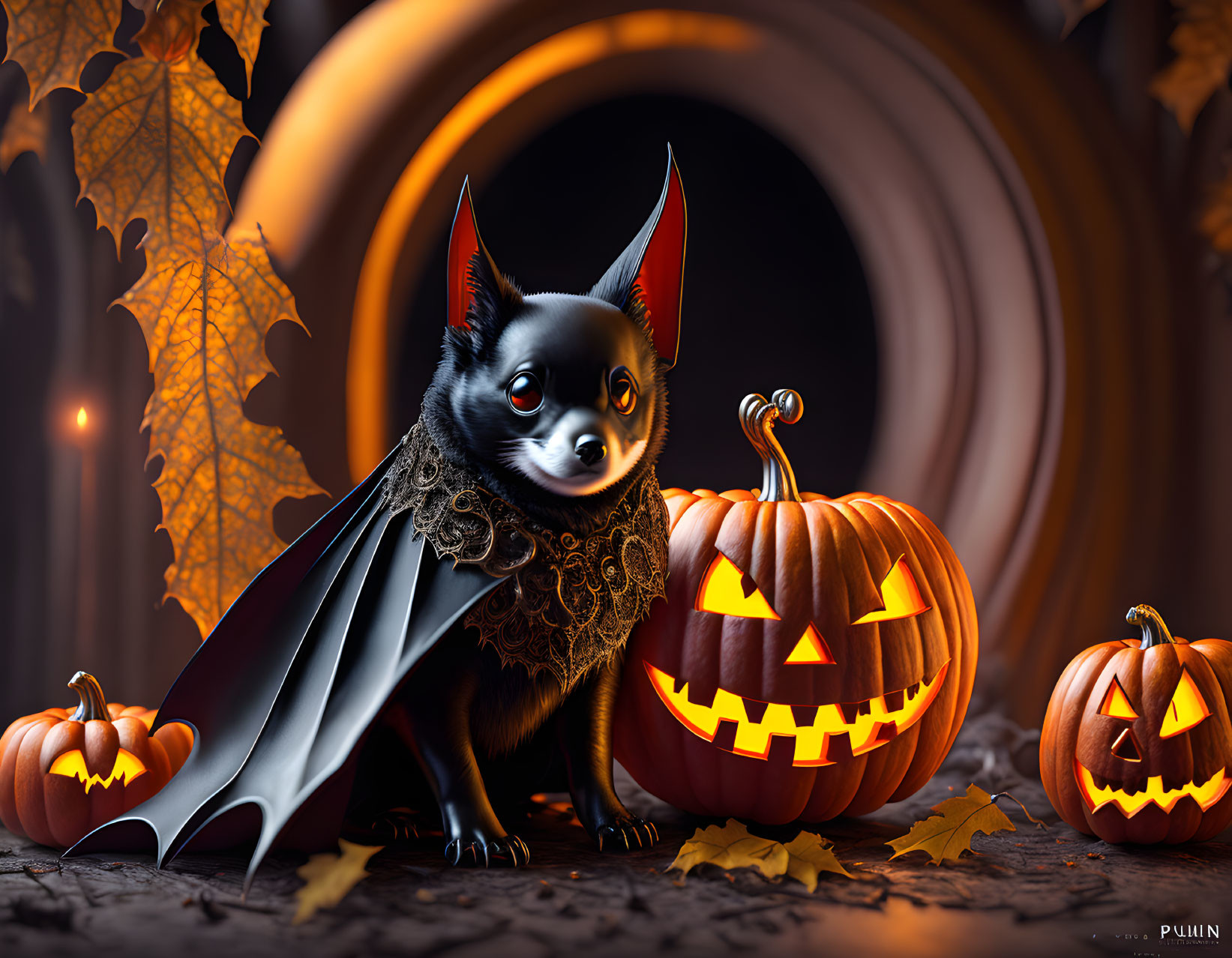 Stylized Halloween-themed dog with bat wings and Dracula costume among carved pumpkins