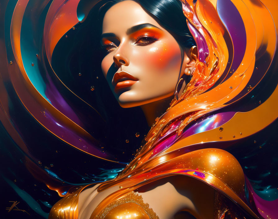 Vibrant digital artwork of woman with striking makeup and abstract metallic designs