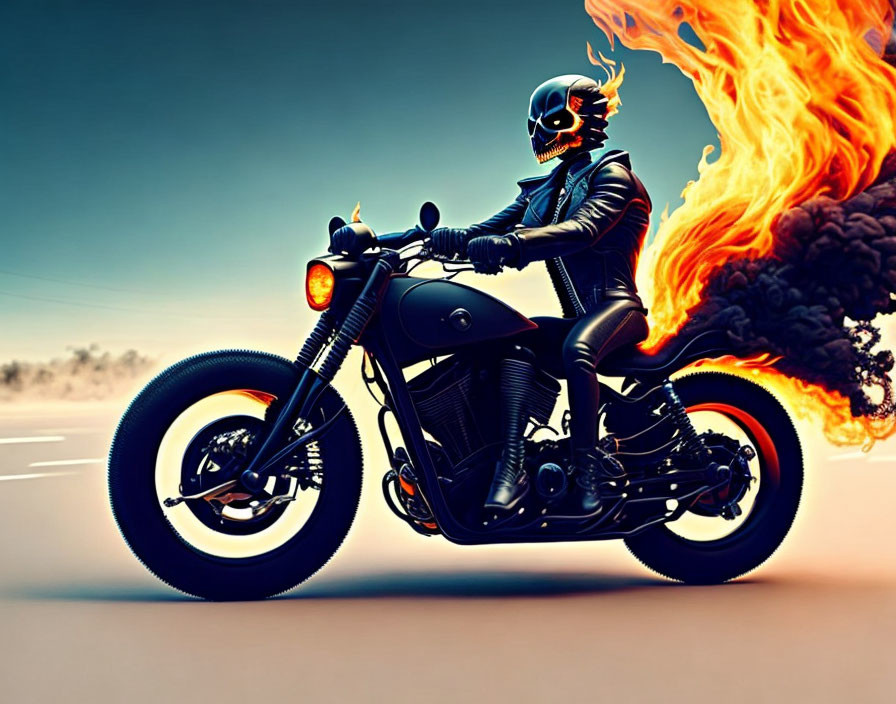 Motorcyclist in black gear on custom bike with fiery trail in desert.