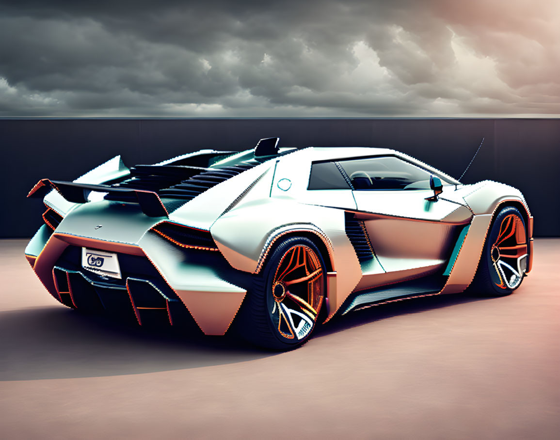 Futuristic white sports car with orange and black accents and large wheels under dramatic sky