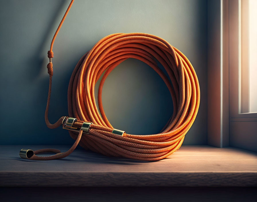 Coiled orange climbing rope with carabiner on wooden shelf by window