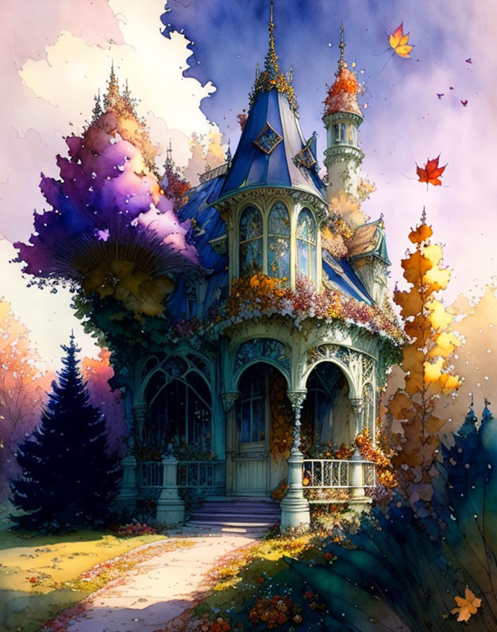 Colorful Autumn Trees Surround Victorian House in Watercolor