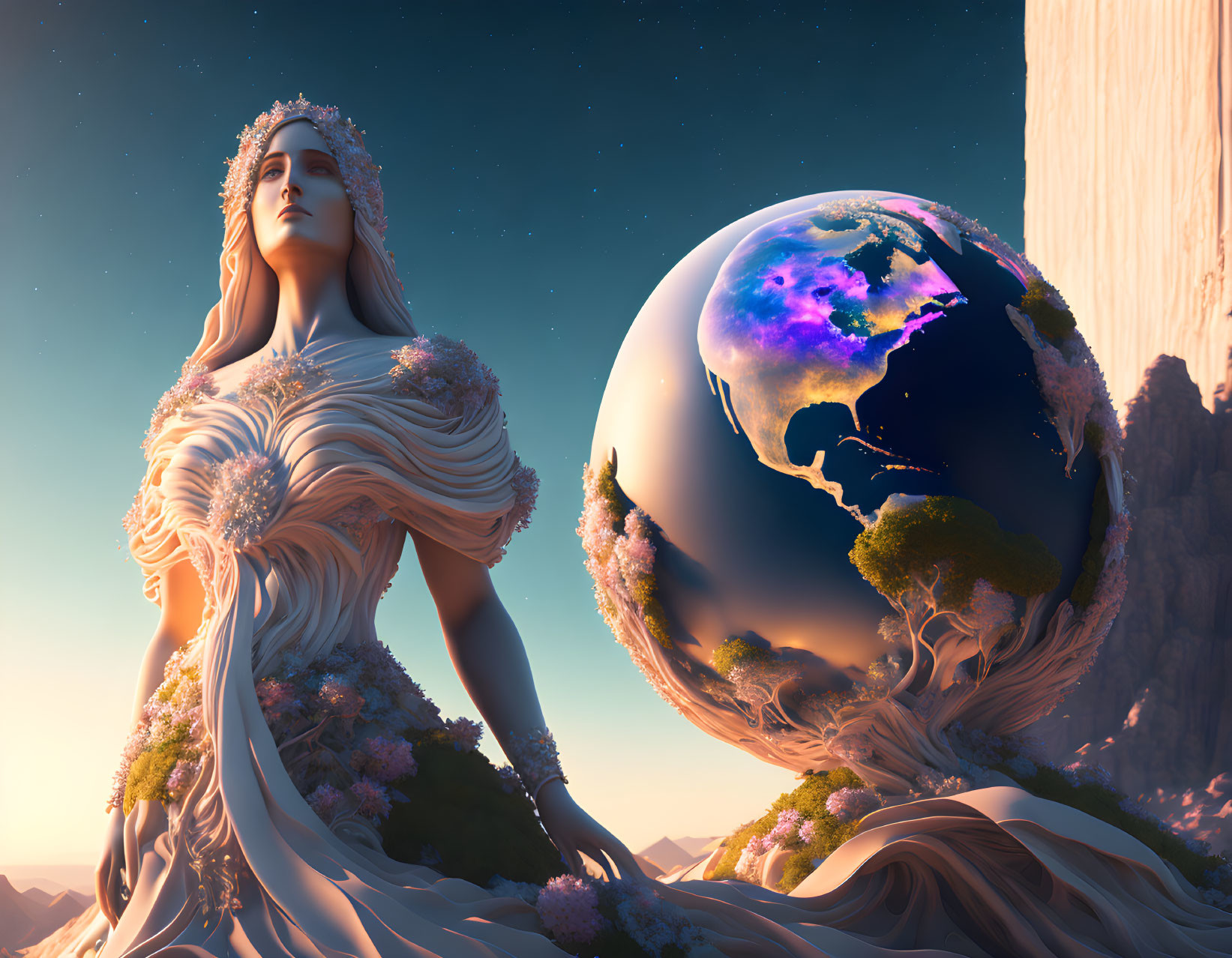 Regal woman in flowing gown with radiant Earth on dramatic cliffs