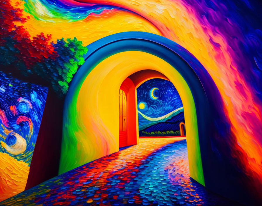 Colorful Surreal Hallway Leading to Ajar Door