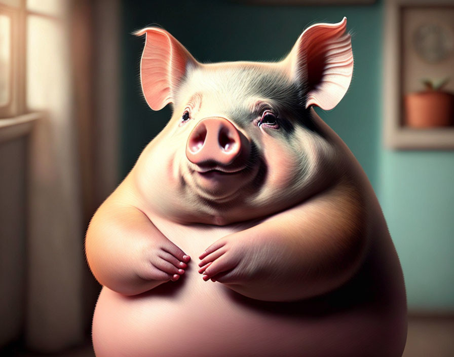 Coy anthropomorphic pig standing with crossed arms in warm-toned setting