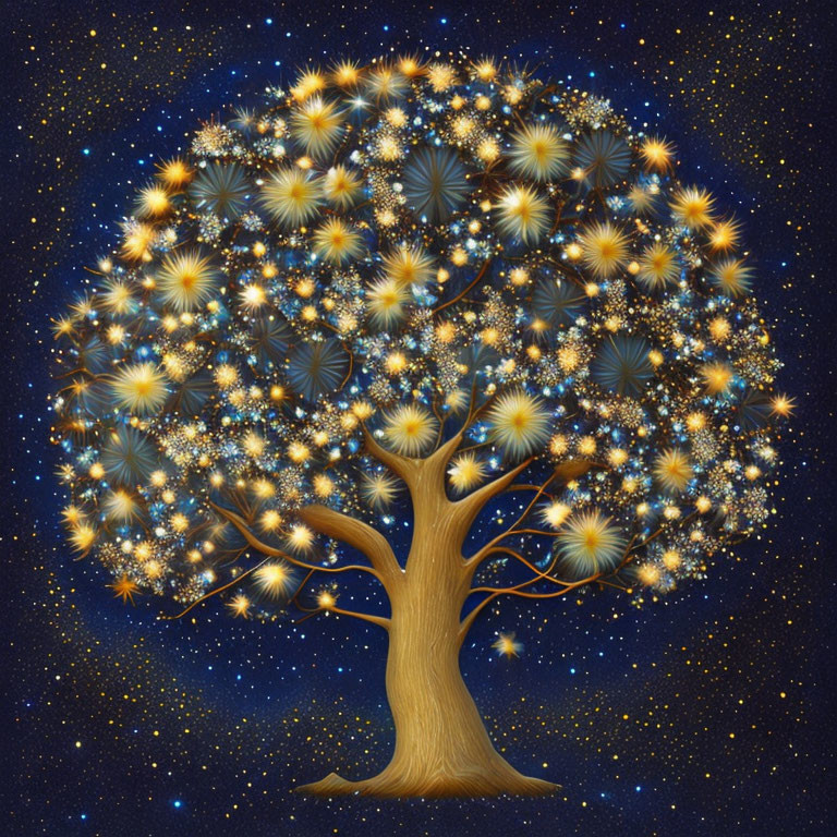 Illustration of a starry tree against deep blue background