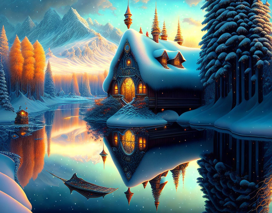 Tranquil Winter Cottage by Calm Lake at Twilight