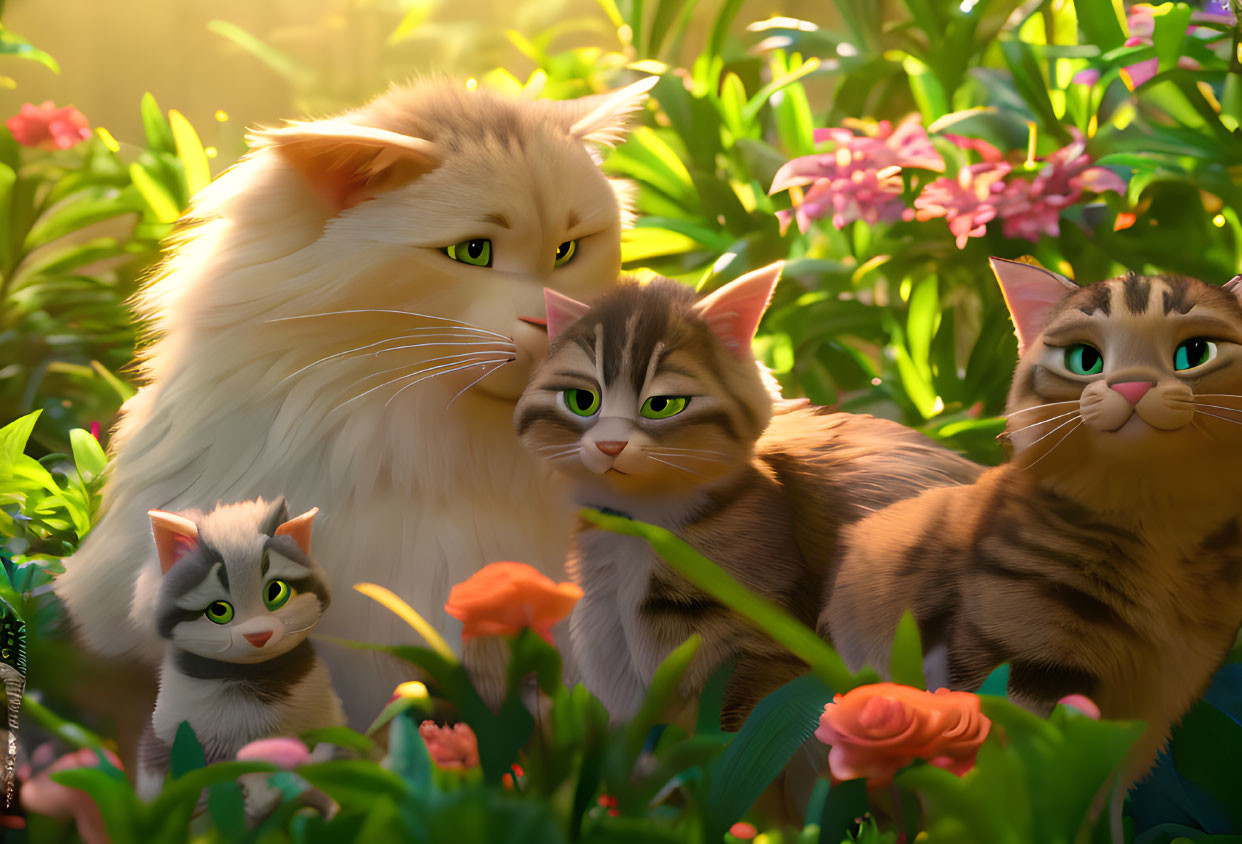 Colorful Animated Cats Among Blooming Flowers in Sunlit Garden