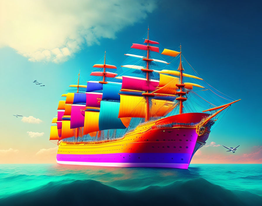 Colorful Tall Ship Sailing on Turquoise Sea