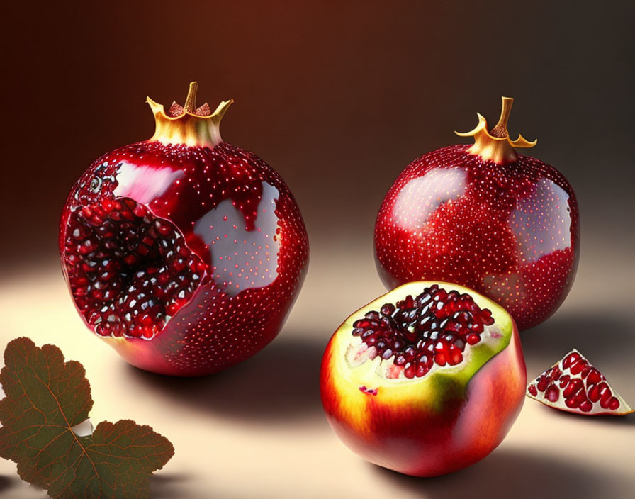 Fresh pomegranates and seeds with leaf on warm background