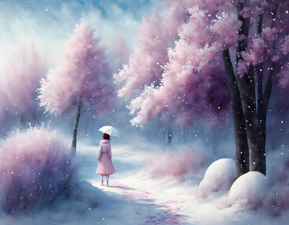 Person in Pink Coat Walking on Snowy Path with Cherry Blossom Trees