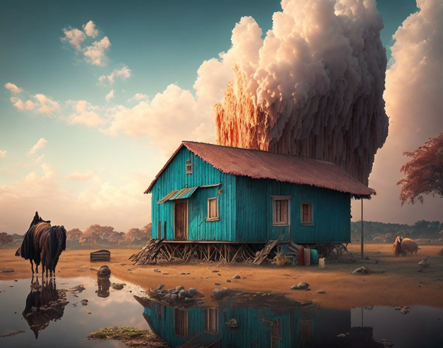 Surreal blue stilted house, horses, giant tree in eruptive scene