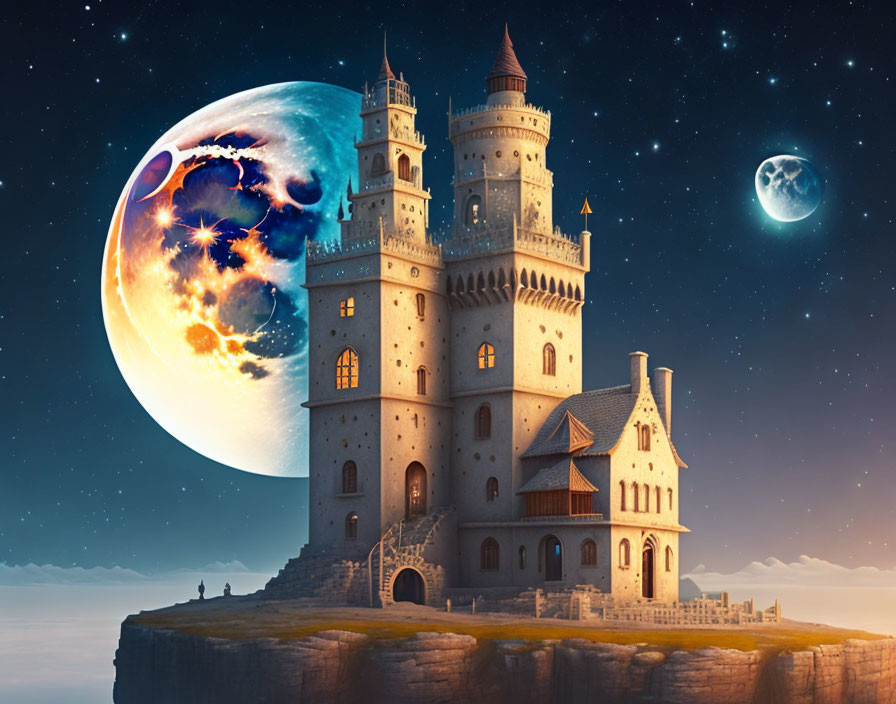 Enchanting castle on cliff under starry sky with vivid moon