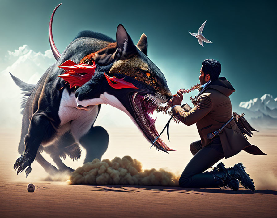 Man taming dinosaur-dragon beast in desert scene