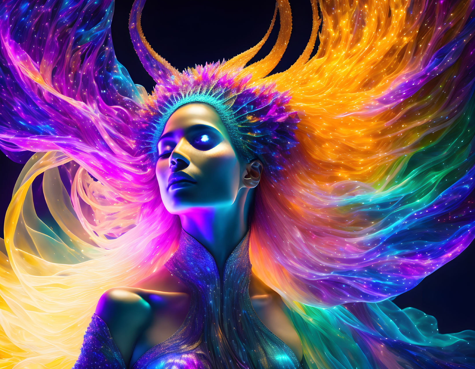 Colorful portrait of a woman with luminescent skin and fiery neon swirls.