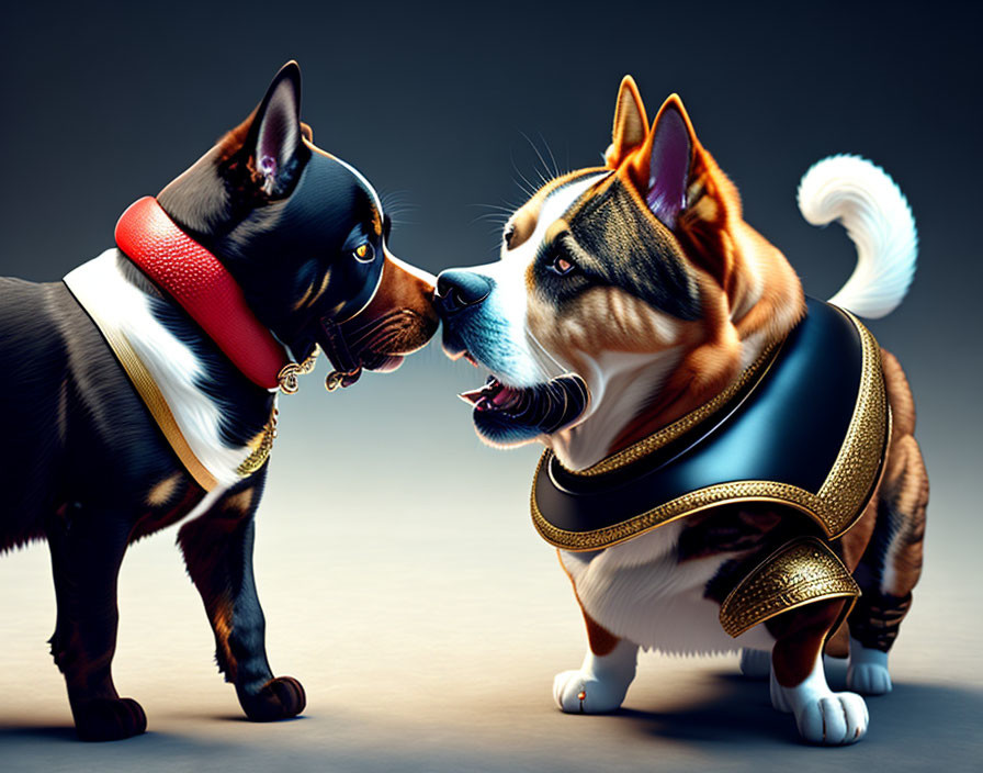 Stylized animated dogs with colorful collars facing each other