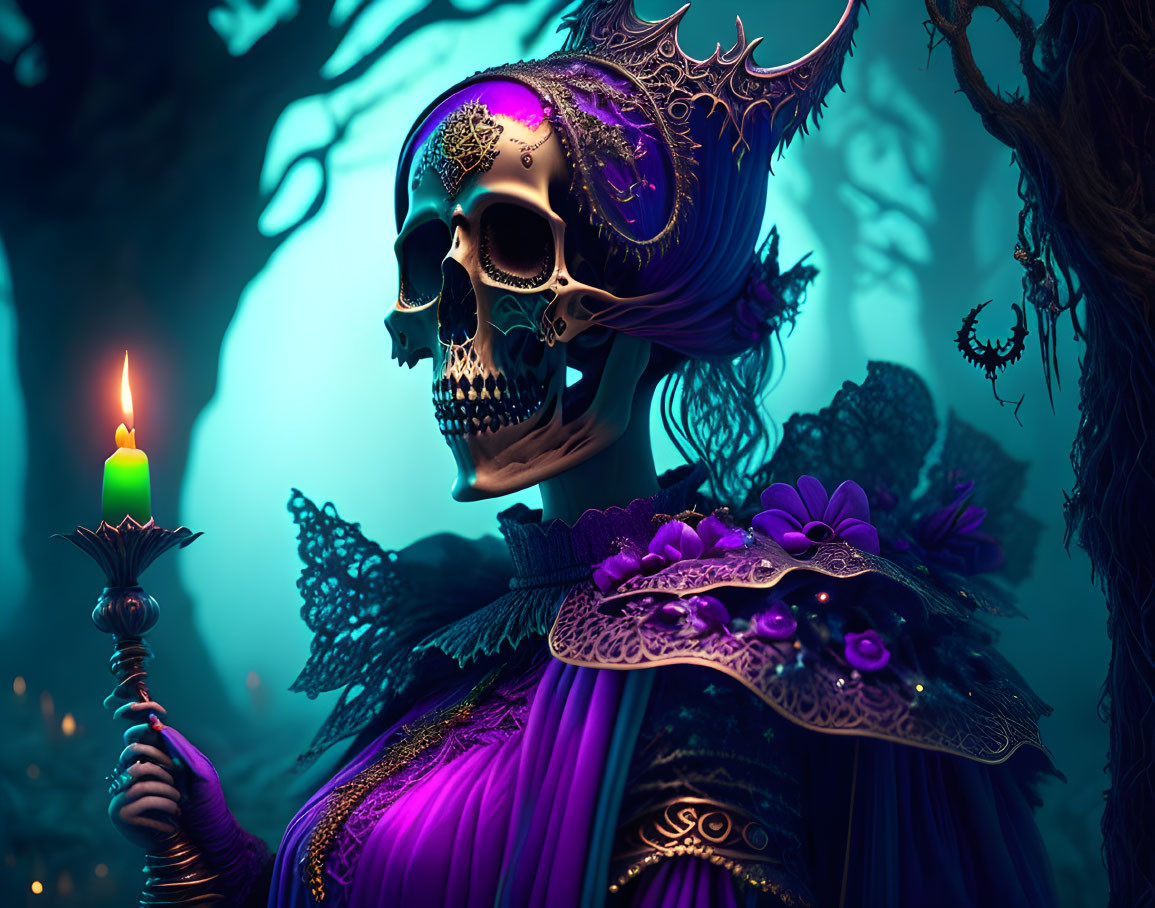 Skeleton with ornate crown in regal attire among mystical forest