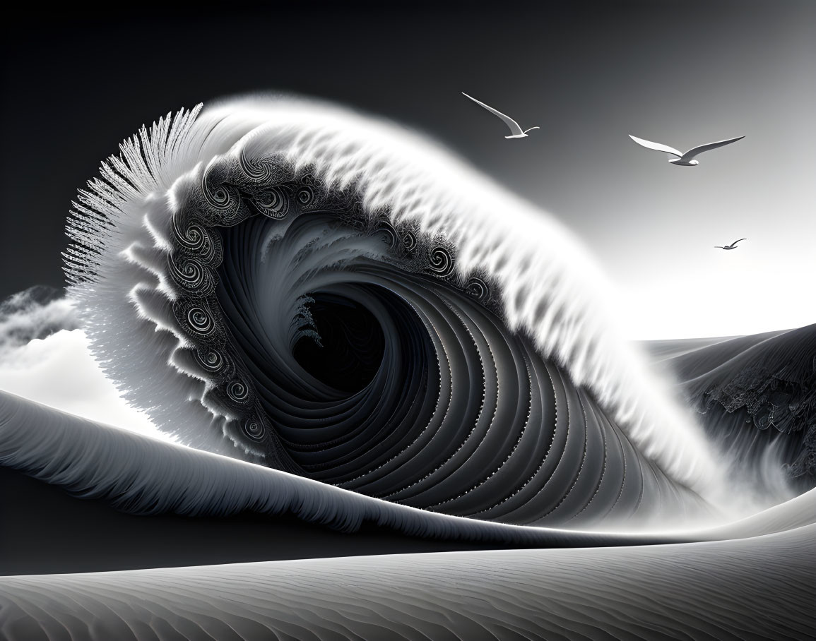 Surreal black and white image: Wave with fractal patterns crashing towards serene landscape