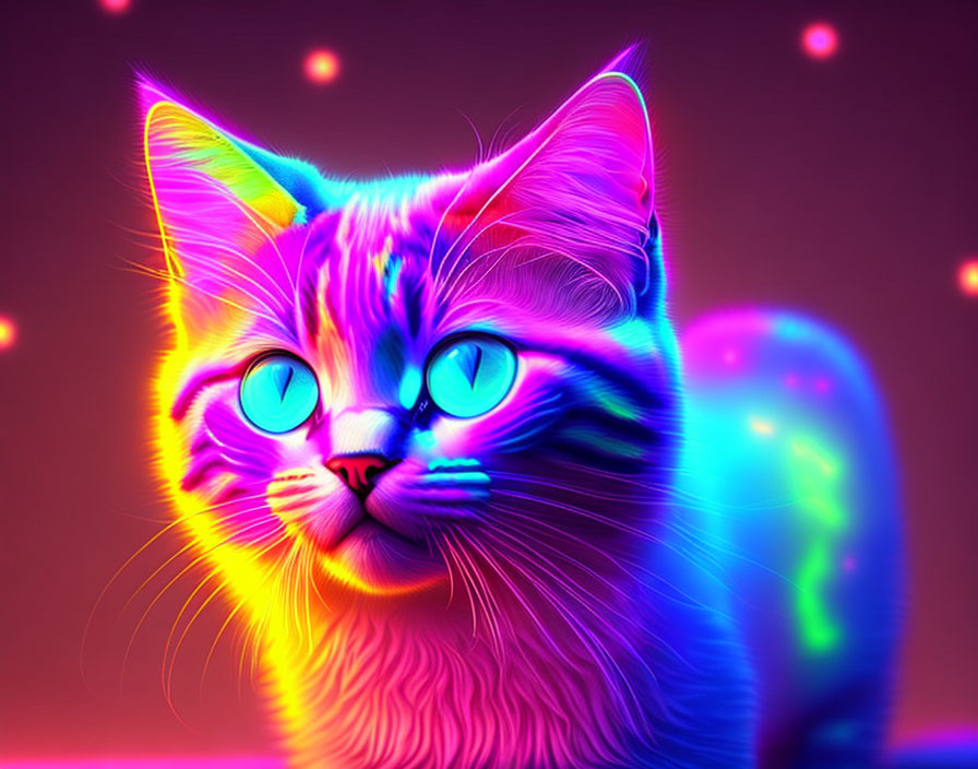 Colorful digital artwork of a neon cat on dark backdrop