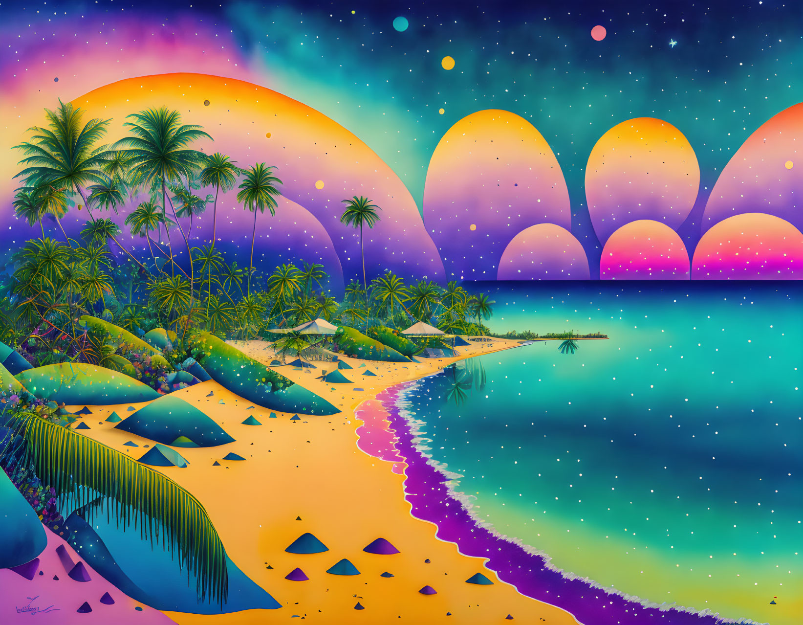 Surreal painting of tropical beach with palms.