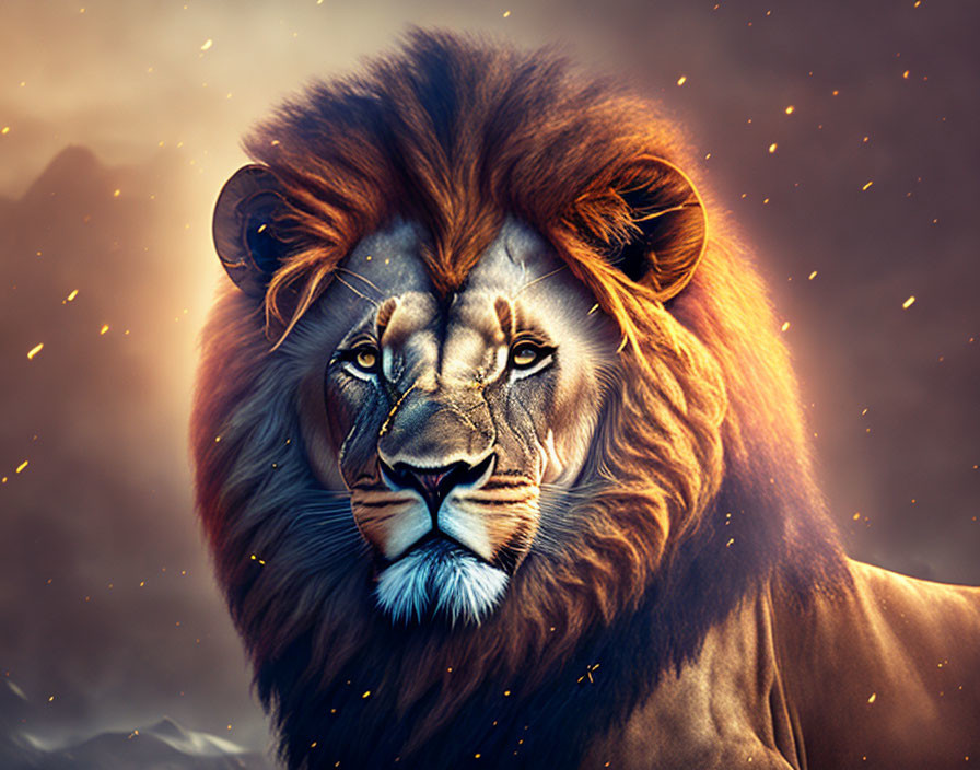 Majestic lion with vibrant mane in fiery dusk scene