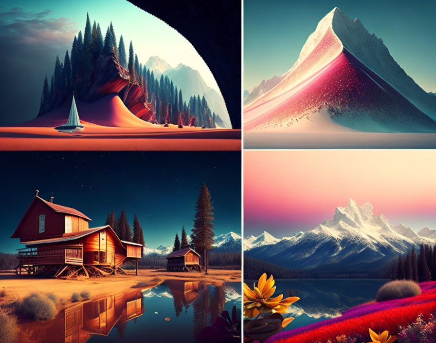 Vibrant surreal landscapes: sailboat in desert, sparkling mountain, starry night cabin, floral