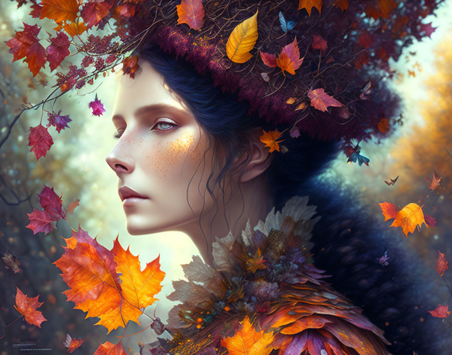 Portrait of woman with autumn leaves, freckles, and colorful feathers in fall setting