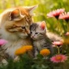 Colorful Animated Cats Among Blooming Flowers in Sunlit Garden