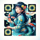 Digital illustration: Woman with black hair, amber eyes, floral hair accessories, traditional blue outfit with gold