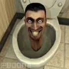 Bearded character in blue shirt peeking from toilet bowl