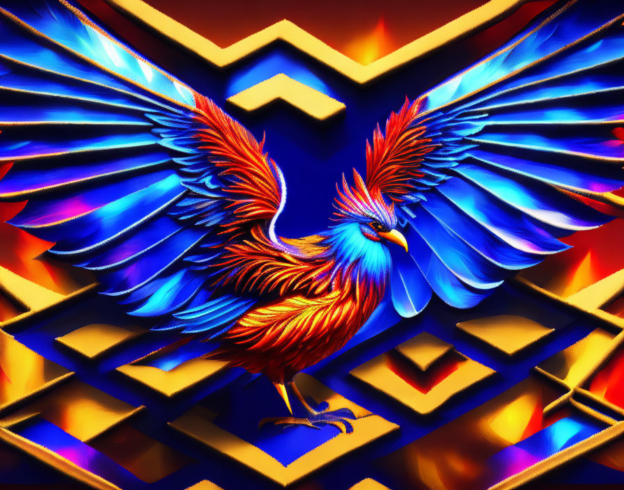 Colorful Stylized Phoenix Artwork Against Geometric Background