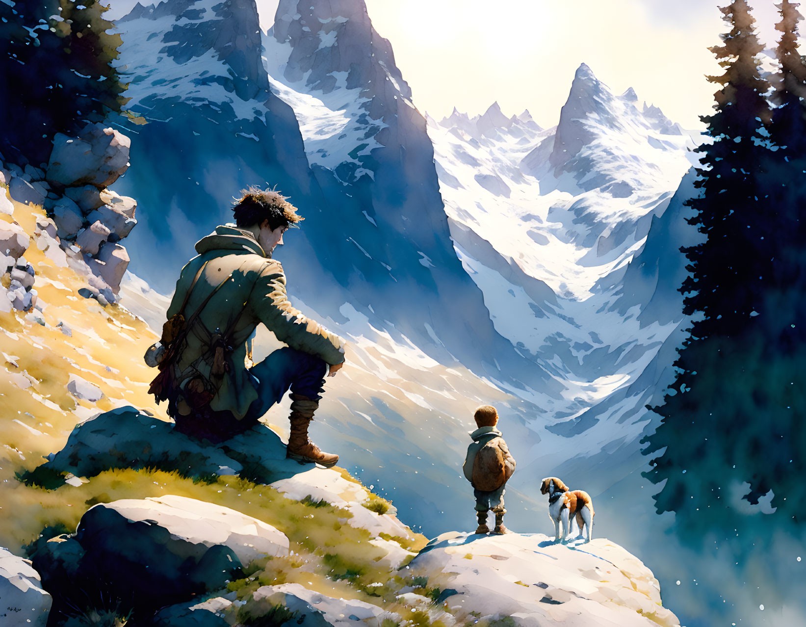 Man, child, and dog on rocky outcrop admiring snowy mountains under bright sky.