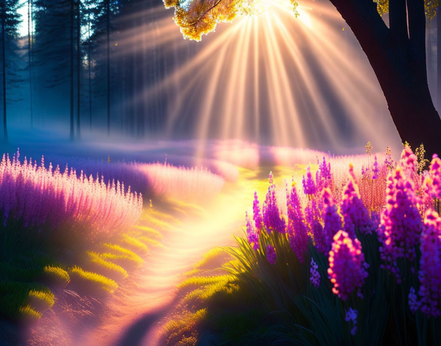 Mystical pathway with sunbeams, purple flowers, and mist