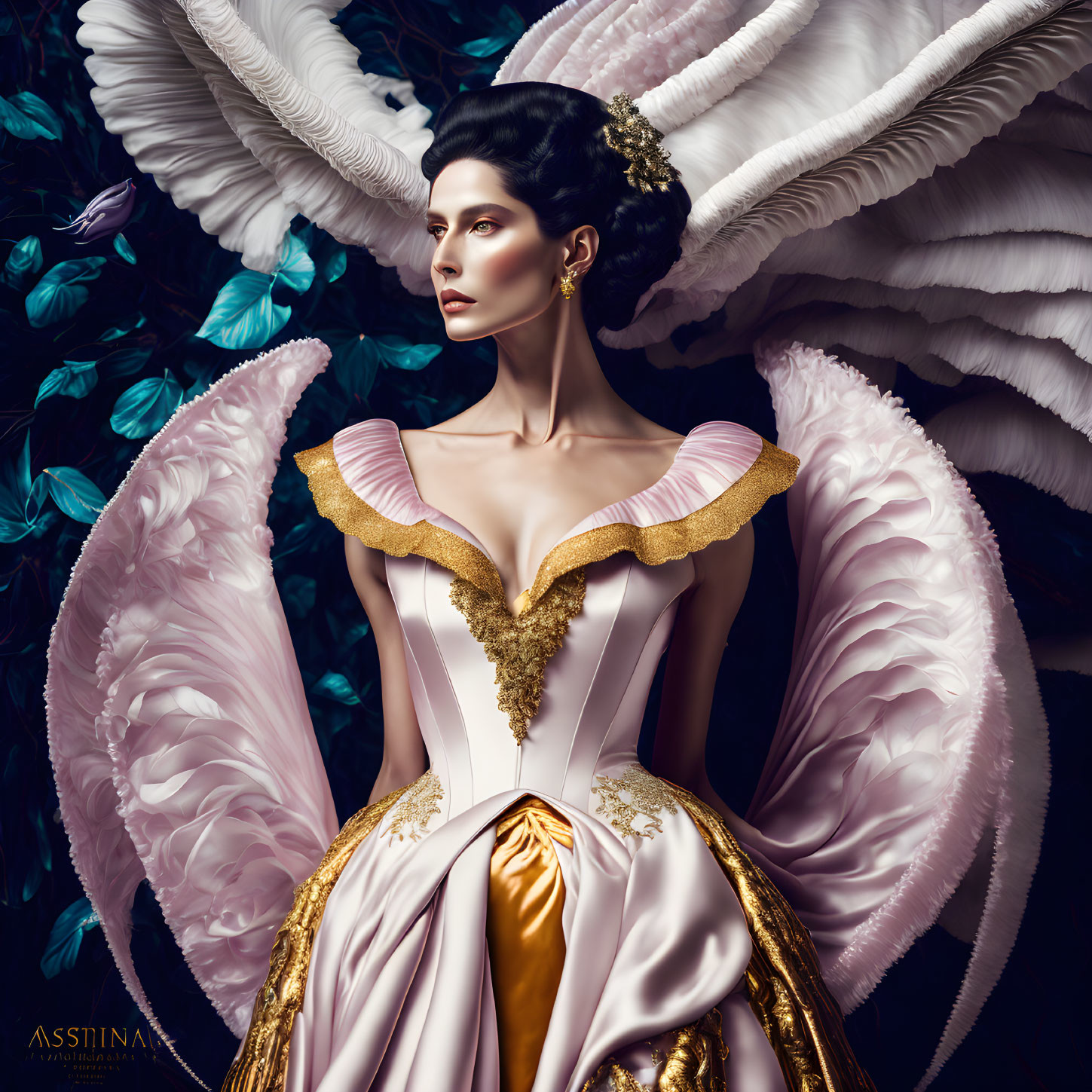 Elaborate costume with white feathered wings and gold dress on dark backdrop.