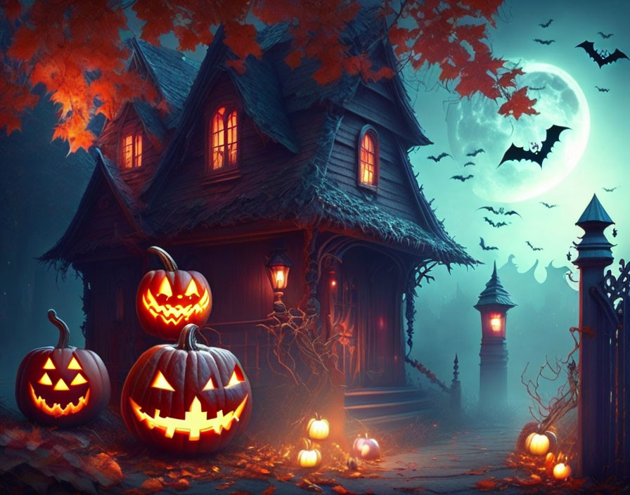 Spooky Halloween scene with carved pumpkins, haunted house, bats, full moon, and eerie blue