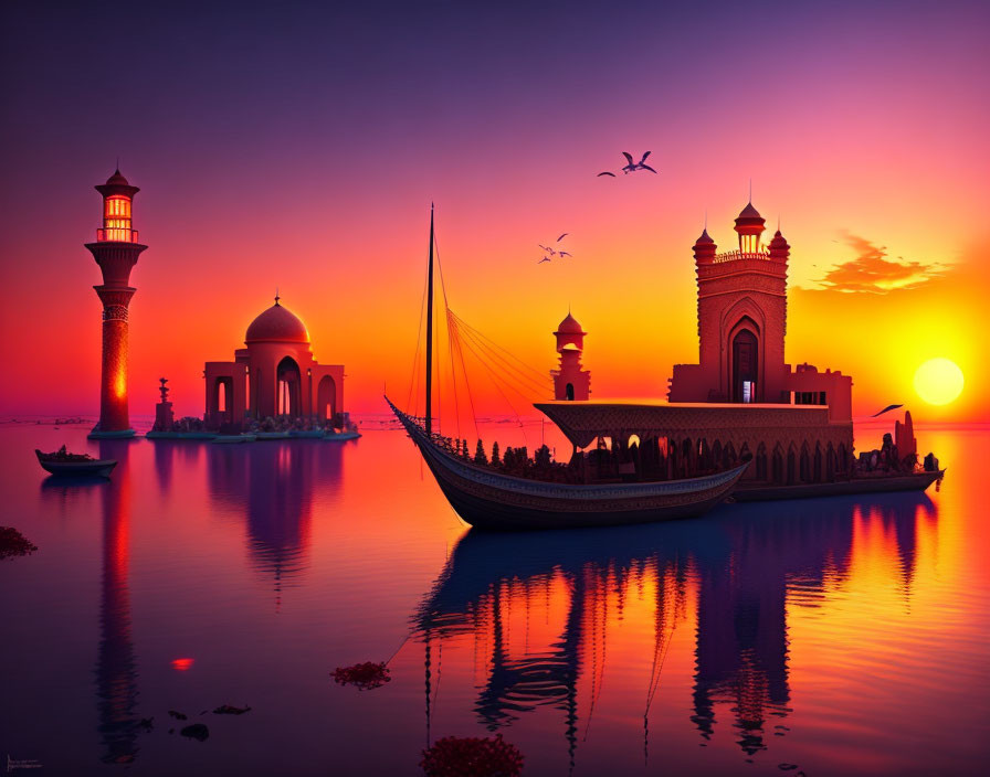 Traditional dhow boat on calm waters at sunset with ornate buildings and minaret