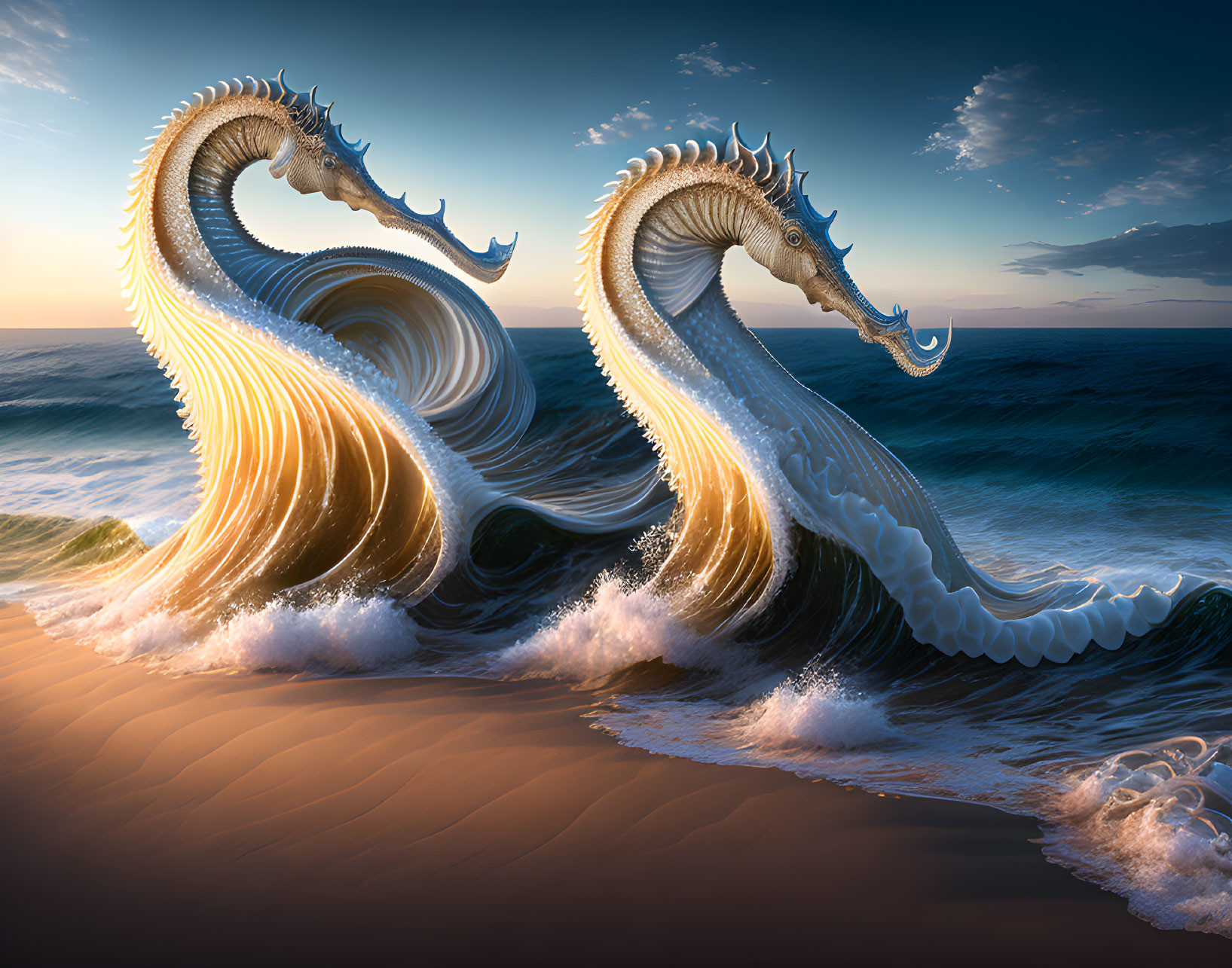 Majestic sea dragon figures in waves against sunset sky on sandy beach