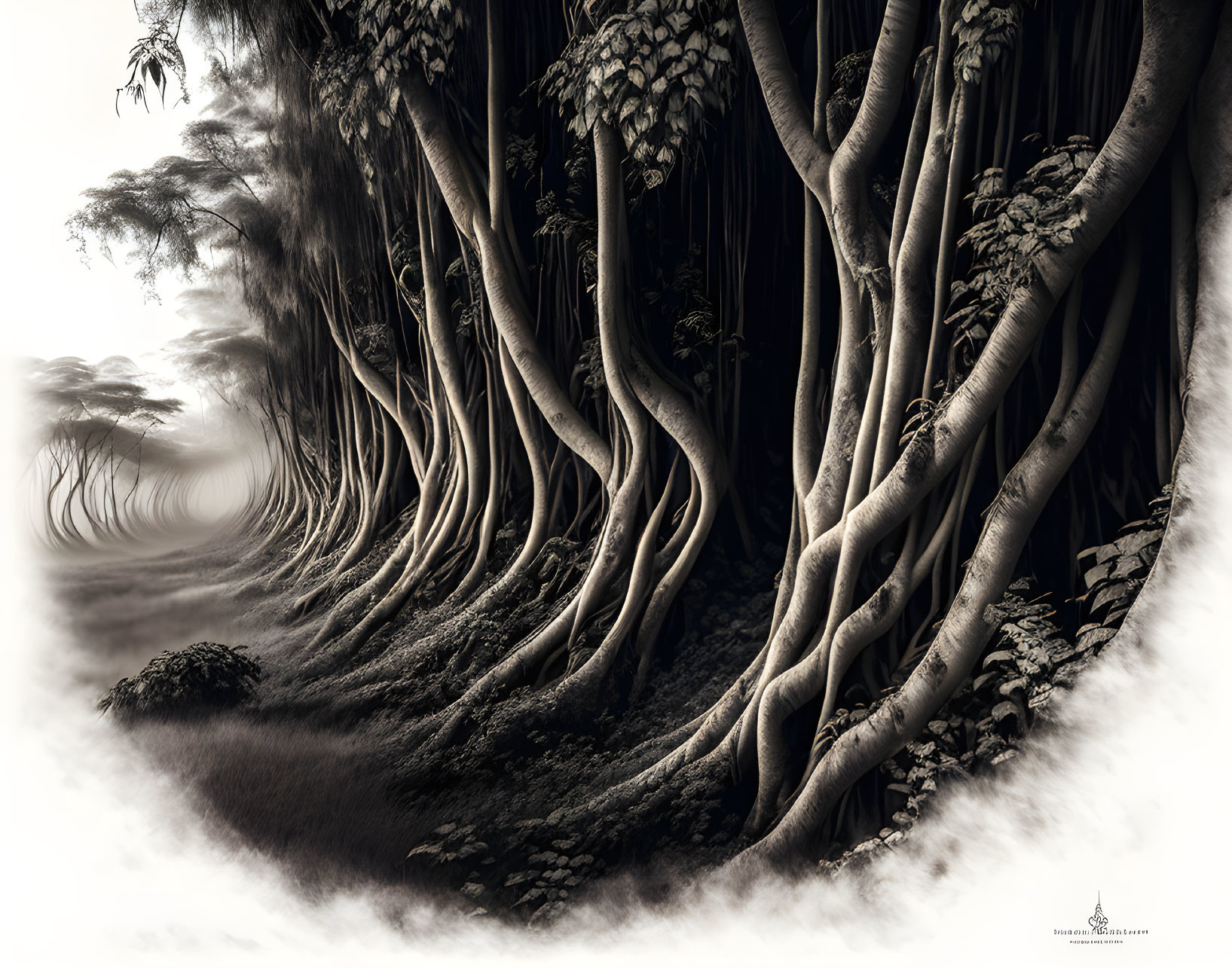 Enchanting foggy forest with towering intertwined trees