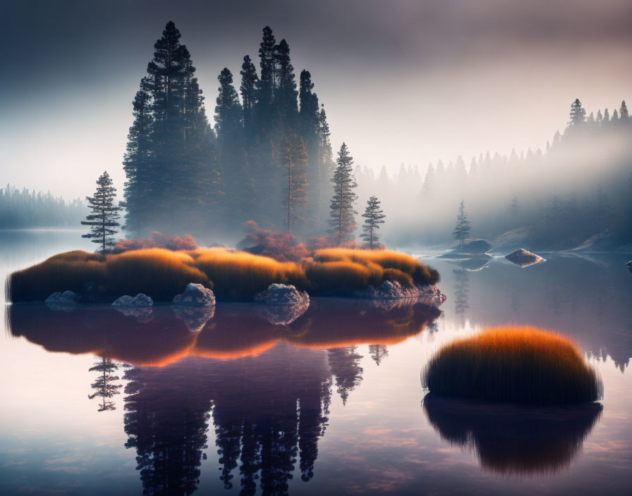 Tranquil lake landscape with mist, reflecting islands, pine trees, and autumn foliage