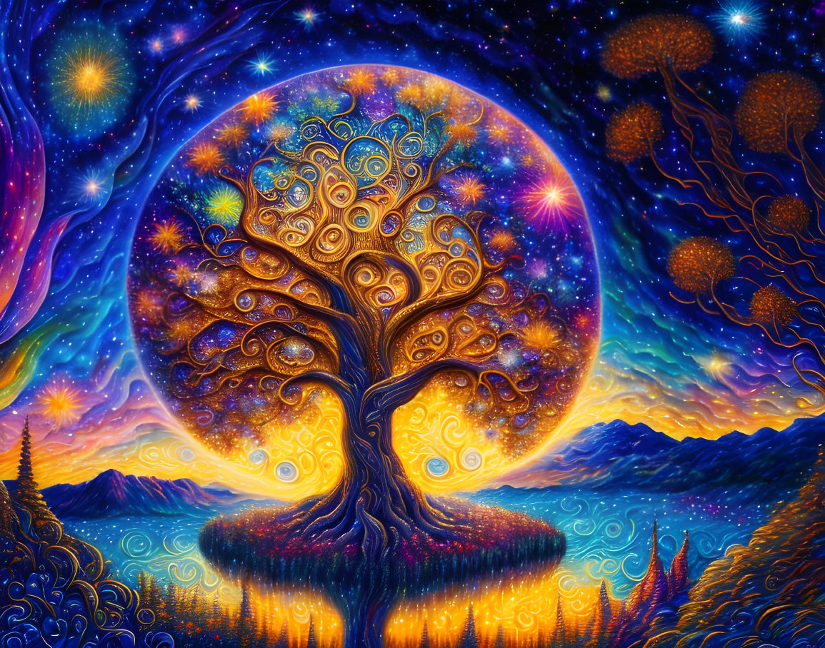 Colorful Painting of Mystical Tree Against Starry Night Sky