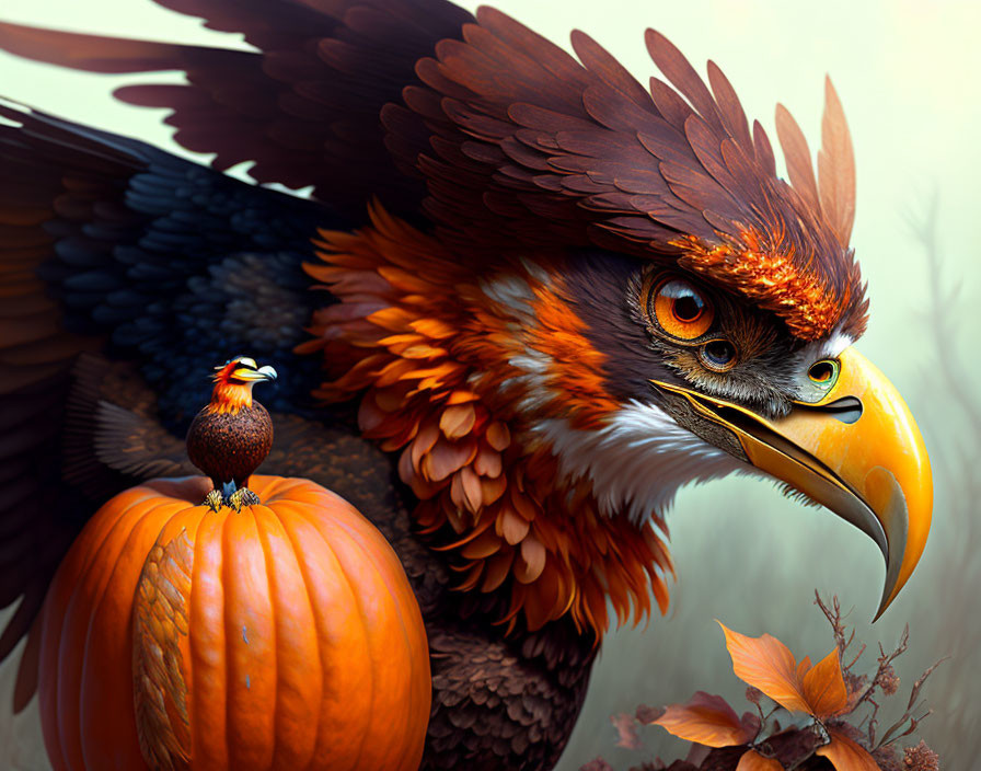 Detailed Illustration: Majestic Eagle with Orange Feathers and Small Bird on Pumpkin