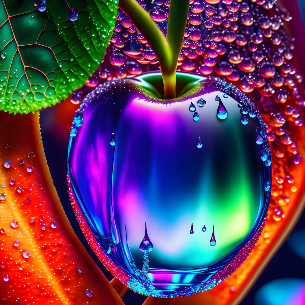 Colorful heart-shaped glossy object with water droplets and leaves