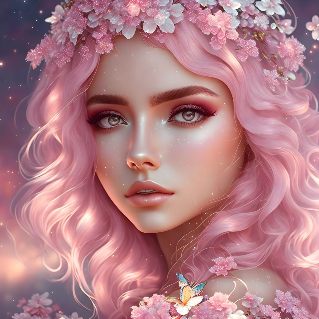 Digital artwork: Woman with pink wavy hair, floral crown, butterfly, starry background