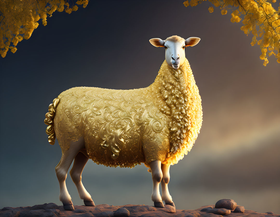 Golden Sheep with Intricate Wool Patterns Standing Under Yellow Trees Against Dramatic Sky