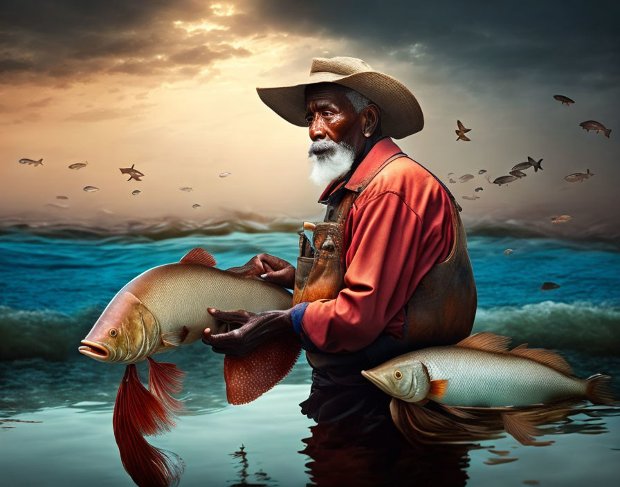 Elderly man in cowboy hat with fish in surreal aquatic scene