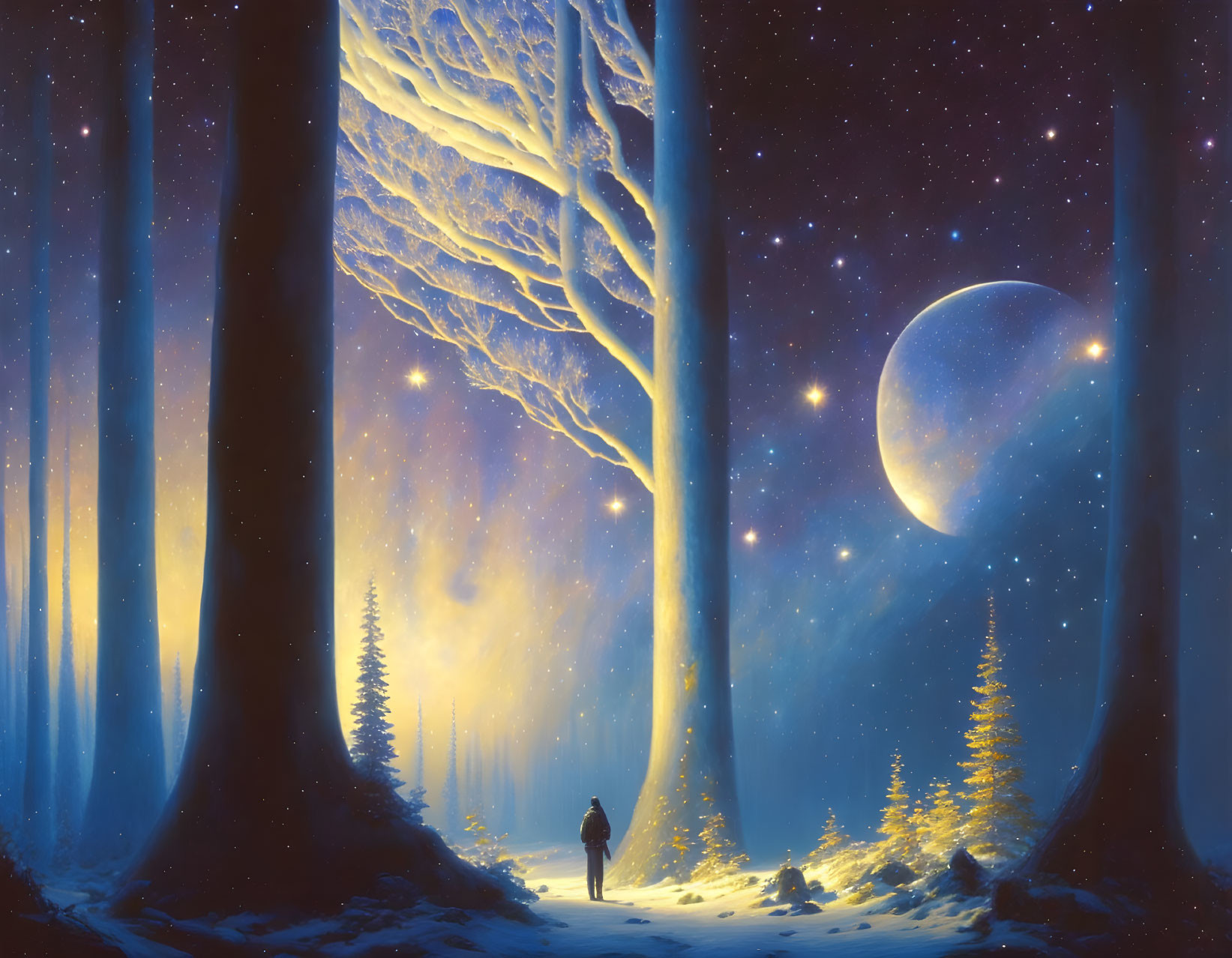 Enchanted forest scene with towering trees and starry sky