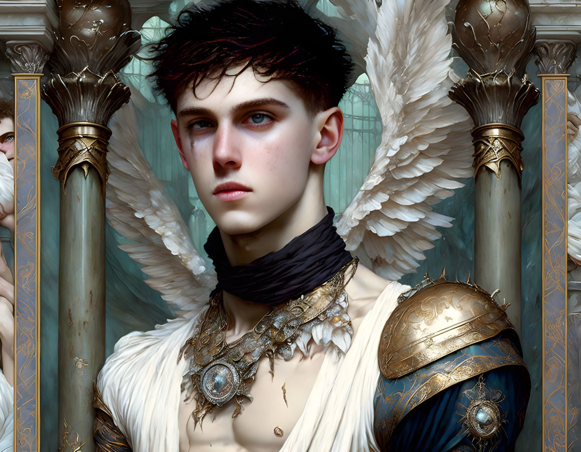 Dark-haired figure with intense eyes wearing ornate armor and angelic white wings, against classical columns.